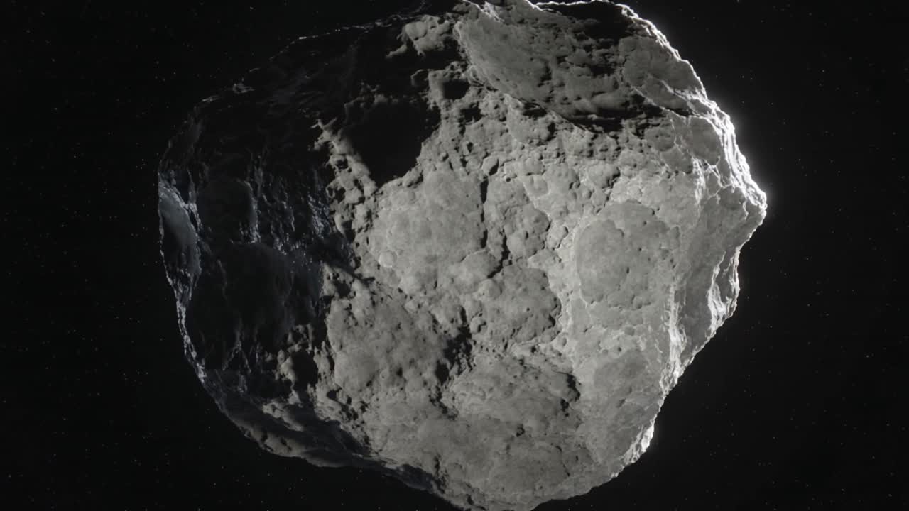 Stella fuori campo che proietta luce su un asteroide che ruota, rivelando crateri e creste nello spazio.
