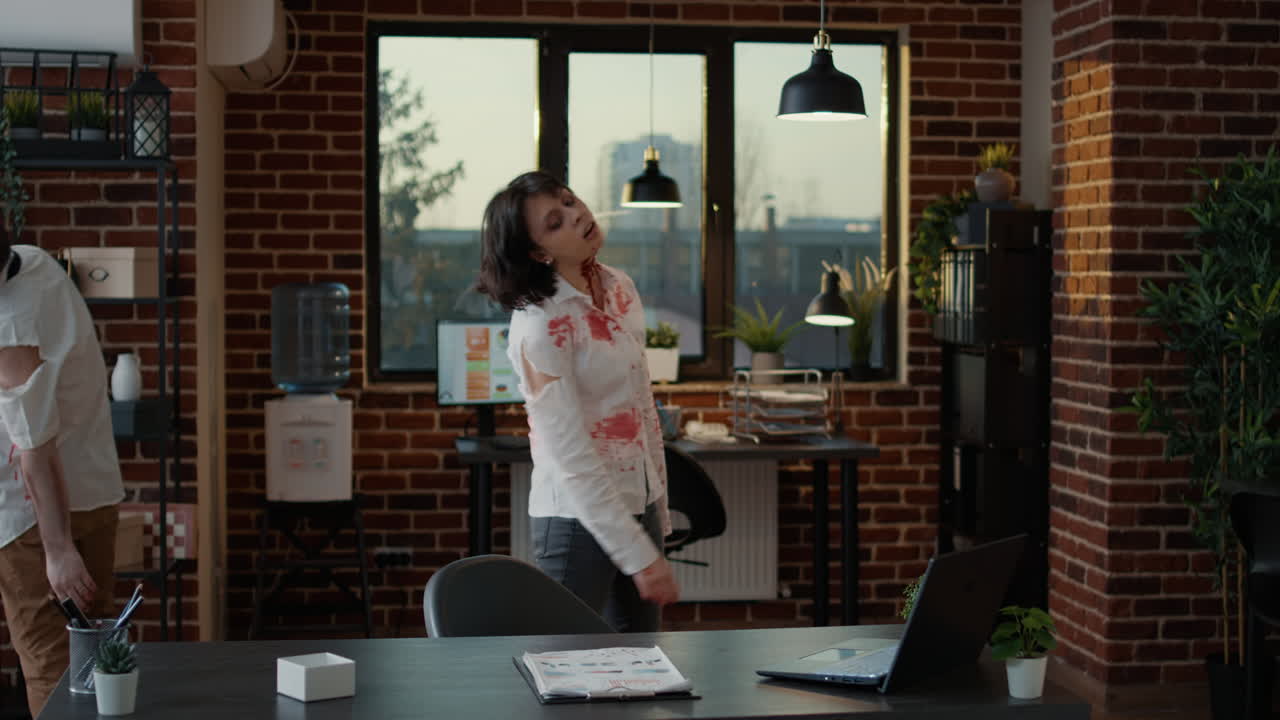 Mindless heavy wounded zombies wandering around office while searching for brains