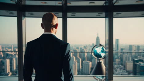 businessman contemplating city views from skyscraper