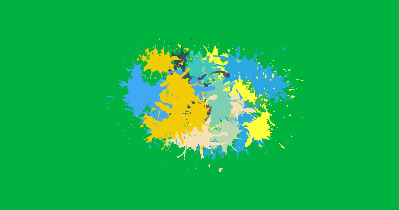 Animazione digitale di un banner con schizzi di vernice colorati e spazio per il testo su sfondo nero.