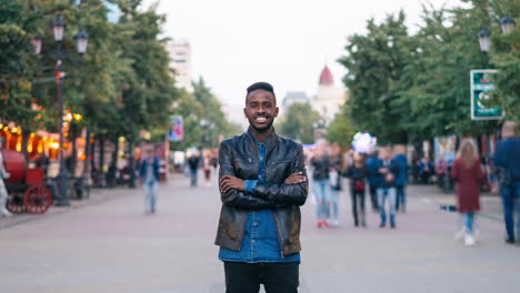 smiling man in city street