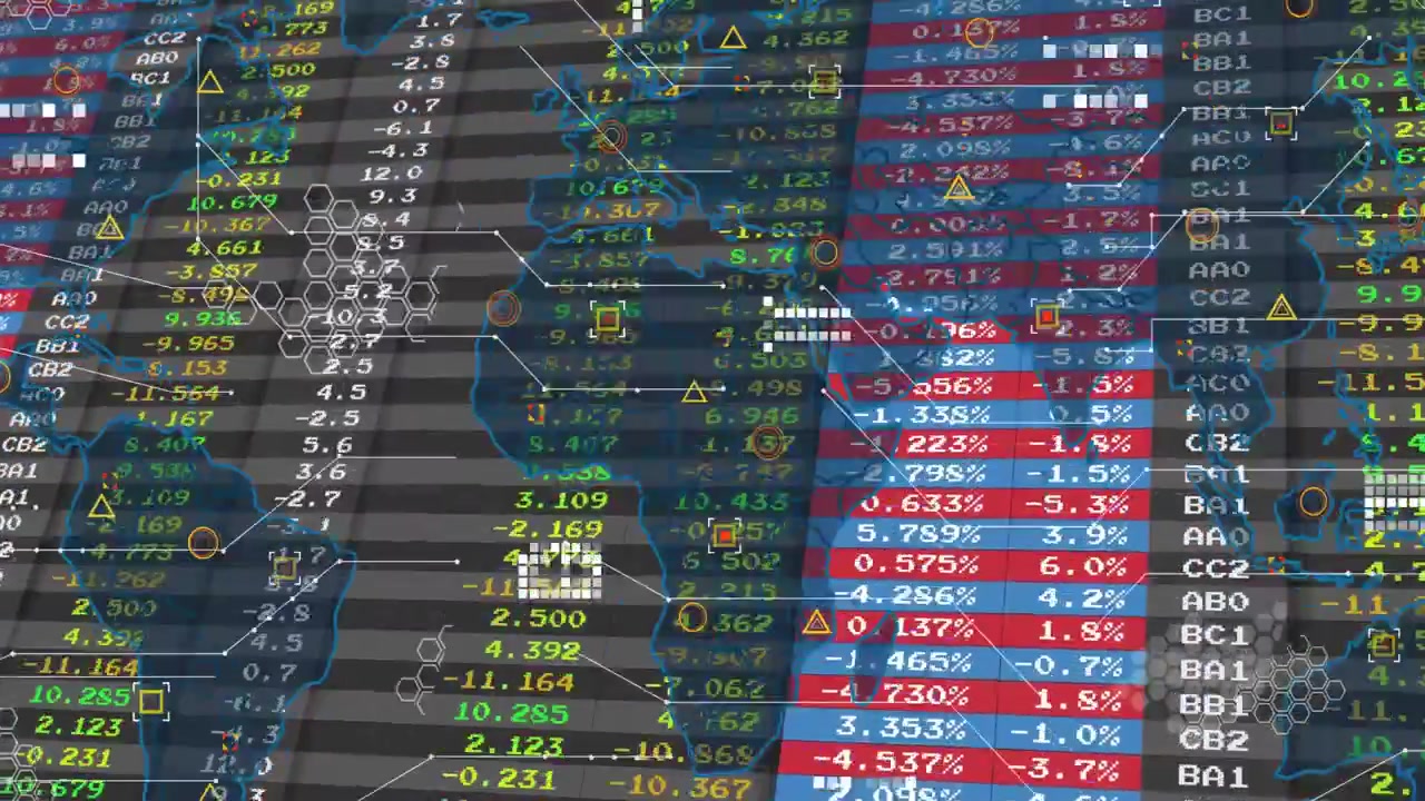 Numeric columns filling frame and world map emerging while clusters and lines pulsing analytics