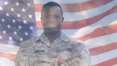 military man with american flag and the sky