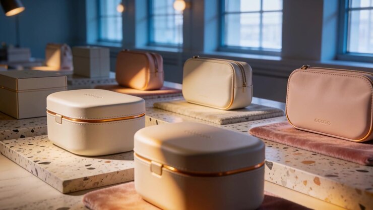 Telecamera panoramica che mostra custodie beige e una pochette rosa su terrazzo per esposizione, con luce solare che le accarezza