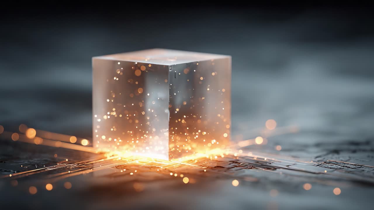 A Glowing Crystal Cube Emerging from an Abstract Surface, Surrounded by Sparkling Particles and Radiant Light Effects, Captured in two Distinct Frames