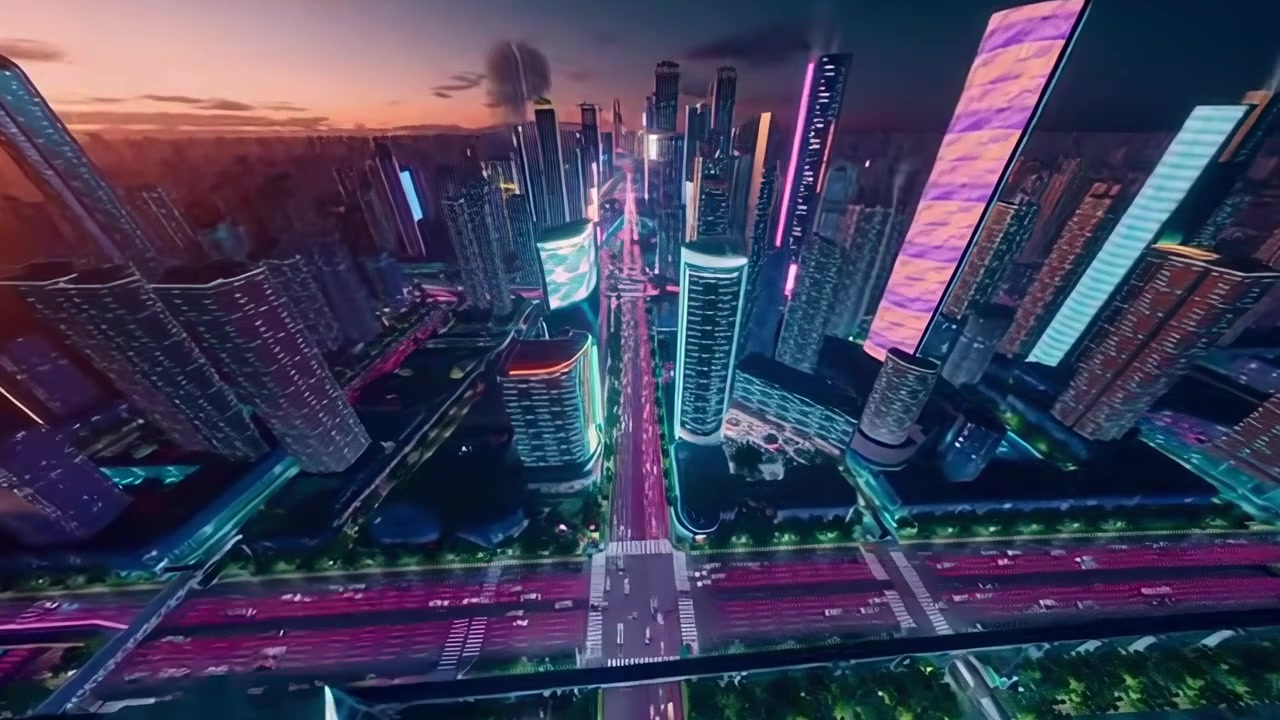 Vista aérea de una ciudad futurista de neón al anochecer