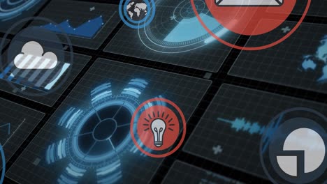 multiple digital icons against screens with data processing on black background