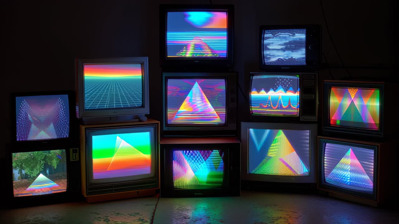 Stack of vintage CRT televisions showing neon glitch patterns, geometric pyramids and scanlines in a dark room, ideal for retro technology, cyberpunk and media themes