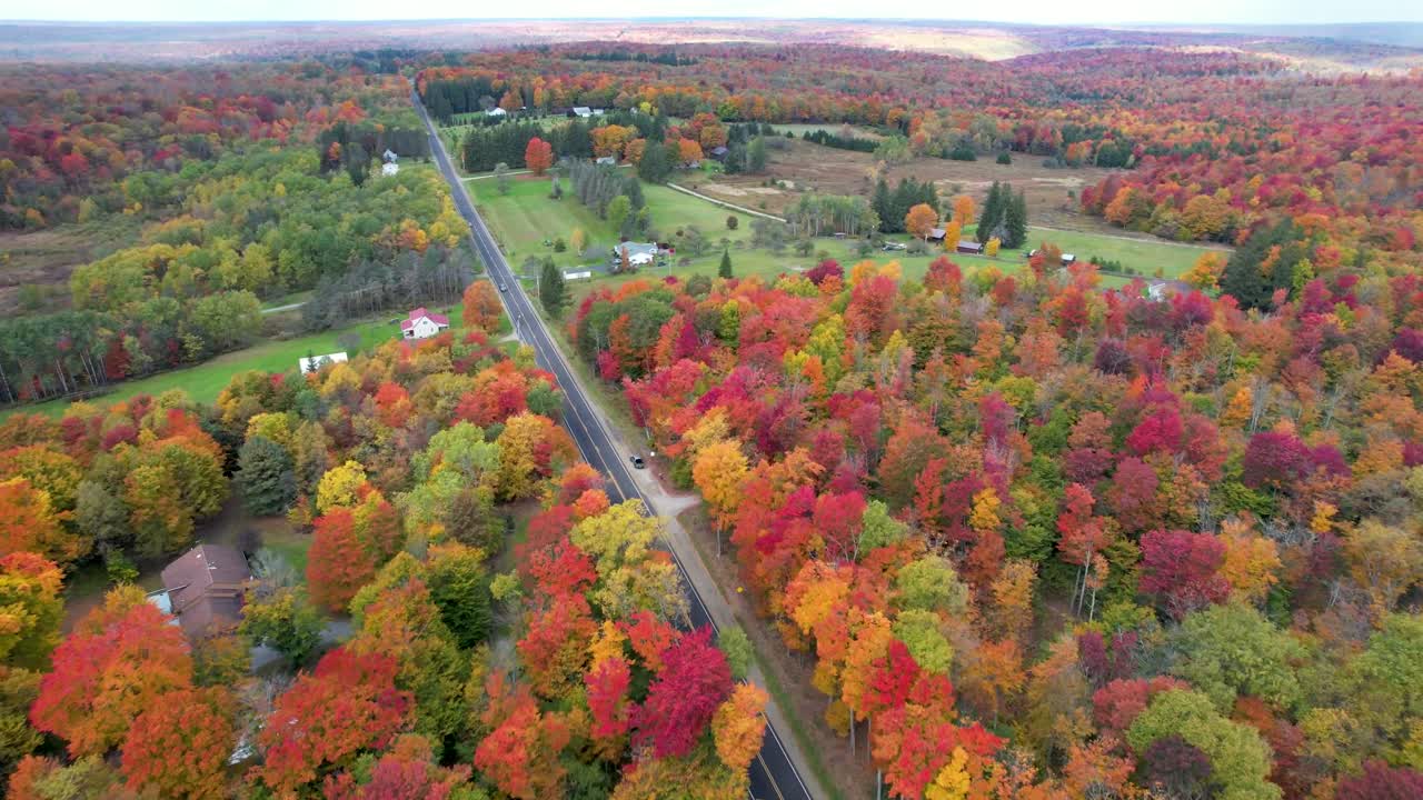 Flying over changing leaves in Pennsylvania Countryside in autumn - Zoom in