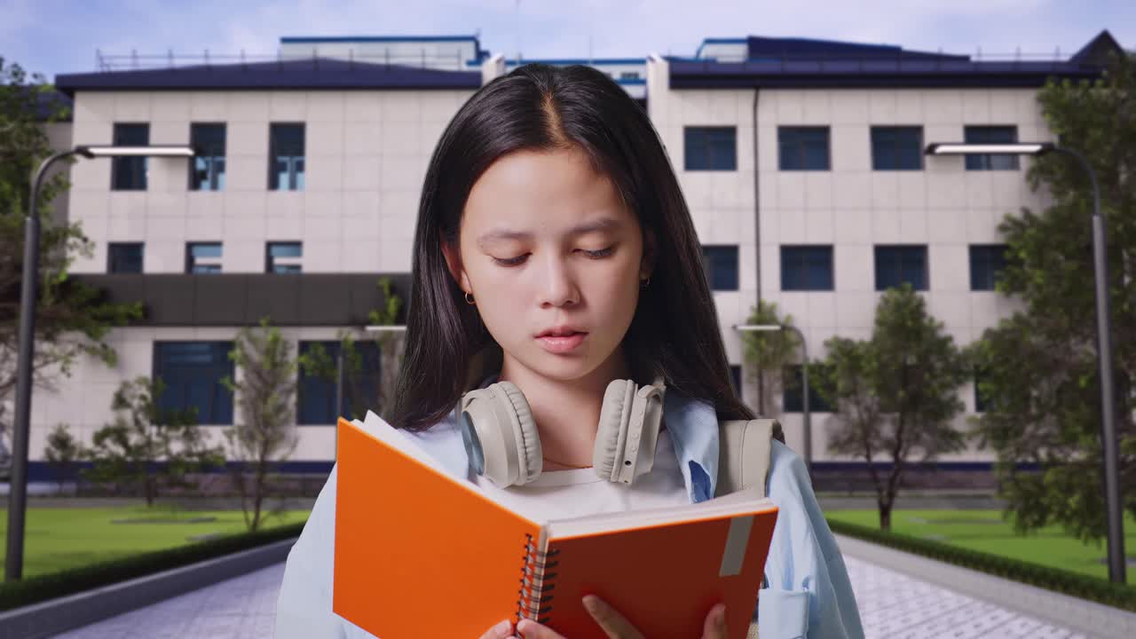 학교 건물 앞에 서서 책을 읽고 머리를 흔들고 있는 배을 들고 있는 불만족한 아시아 십대 소녀 학생의 근접 사진