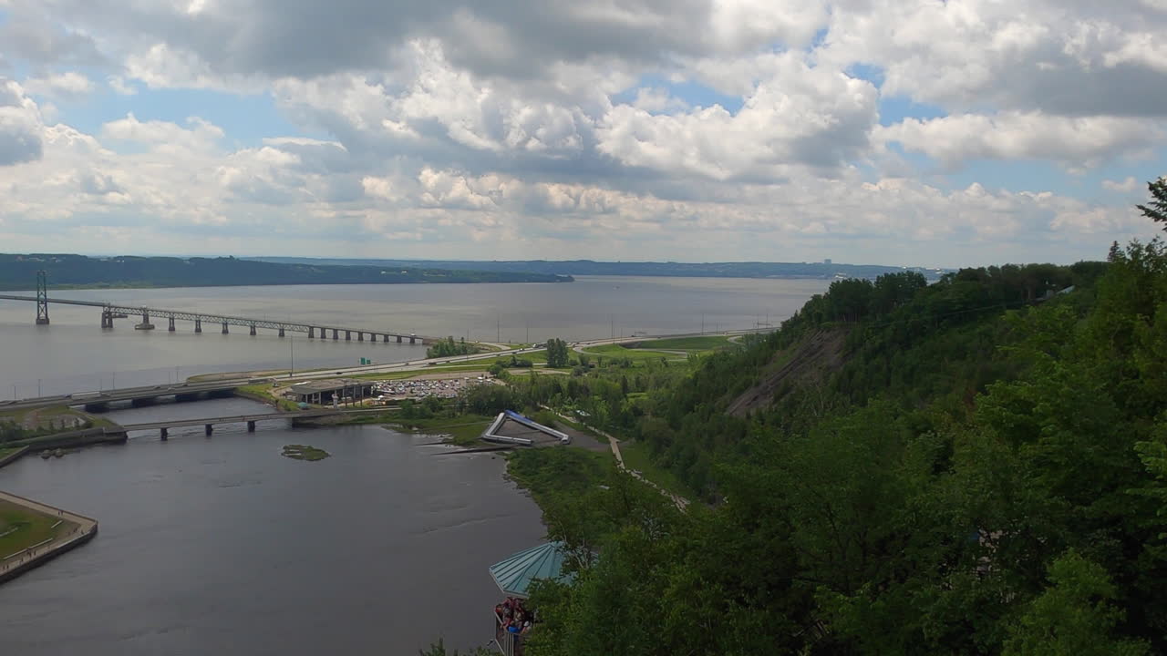 Hillside Panoramic View Of River and Bridge At Chute Montmorency Region In Quebec, Canada