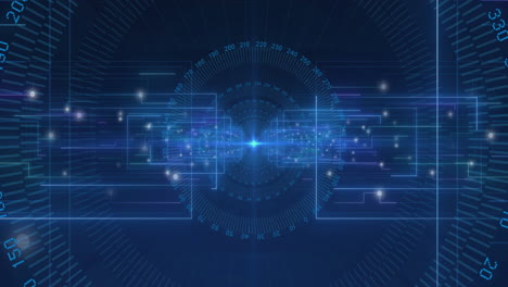 animation of scopes scanning and data processing with binary coding on blue background