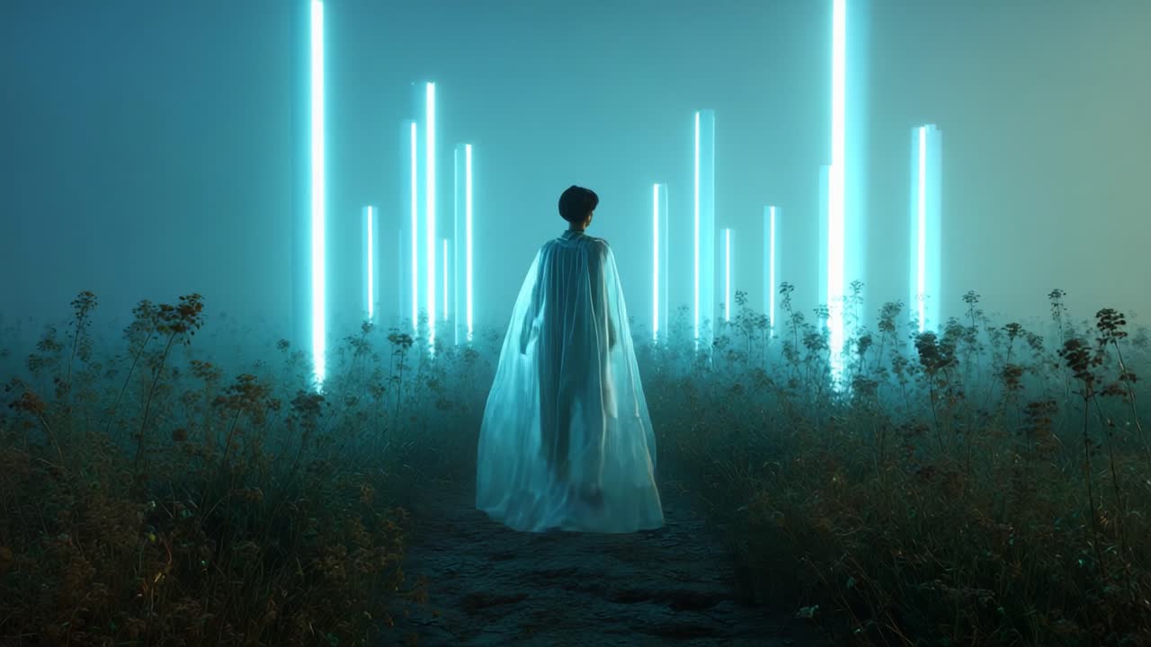 Woman in a field of neon lights