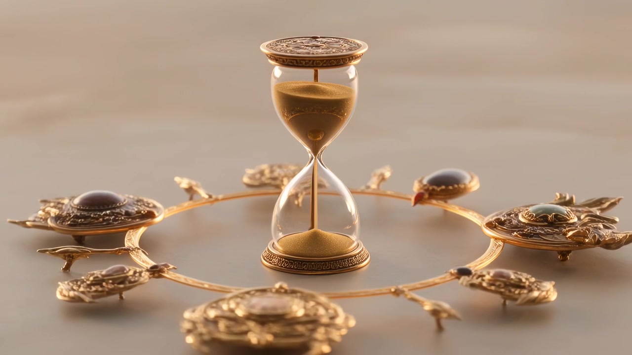 Panning camera toward hourglass with golden sand falling in gold frame on set, showing time passing