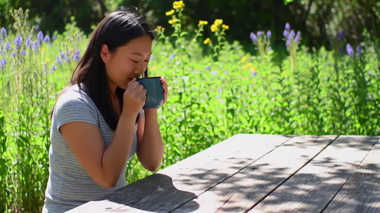 A Young Woman Enjoys a Serene Moment in Nature with a Warm Beverage, Surrounded by Lush Greenery and Vibrant Wildflowers on a Sunny Day