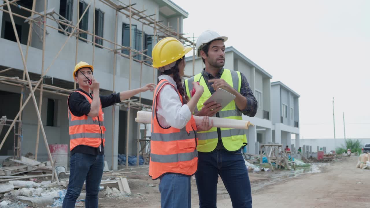 equipo diverso de ingenieros civiles gerente, arquitectos y capataz, trabajador. mientras utiliza la tableta inspeccionar discutir la reunión proyecto de construcción y señalando en el sitio de construcción. bienes raíces y concepto de construcción.