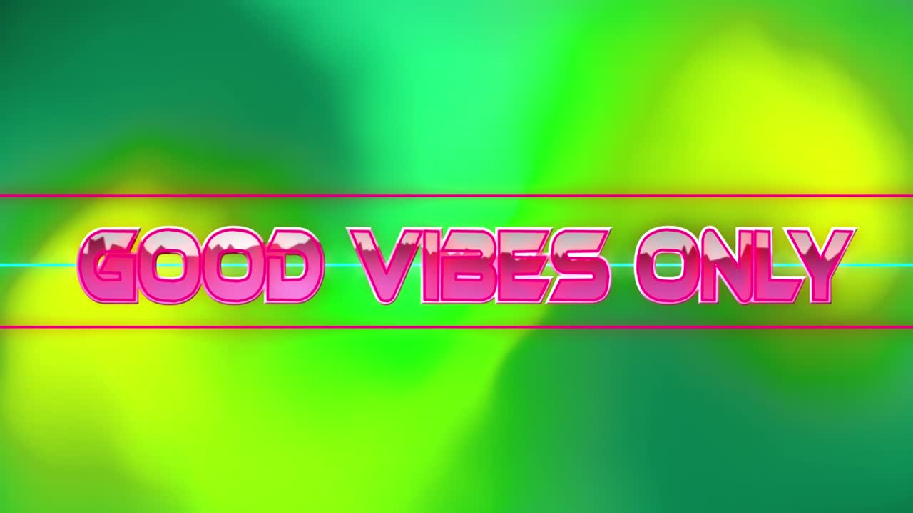 animación de texto buenas vibraciones sólo en rosa, sobre fondo verde brillante y amarillo