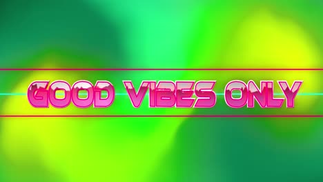 Animation-of-text-good-vibes-only-in-pink,-over-bright-green-and-yellow-background