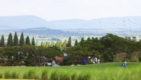 blue object traverses a picturesque rural landscape.