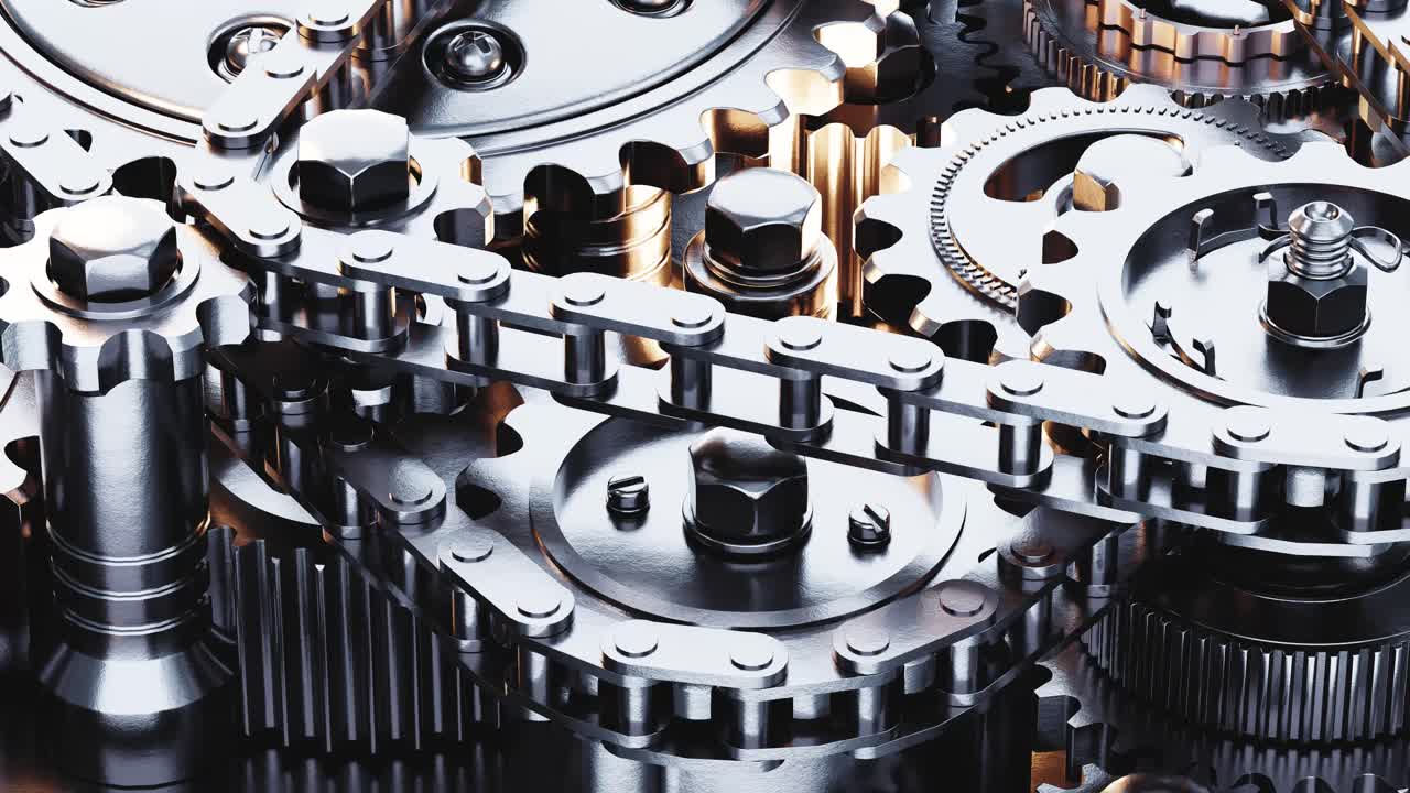 Close-up of Intricate Moving Gears and Chain Mechanism