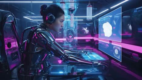 woman in cybernetic suit interacting with futuristic holographic interface