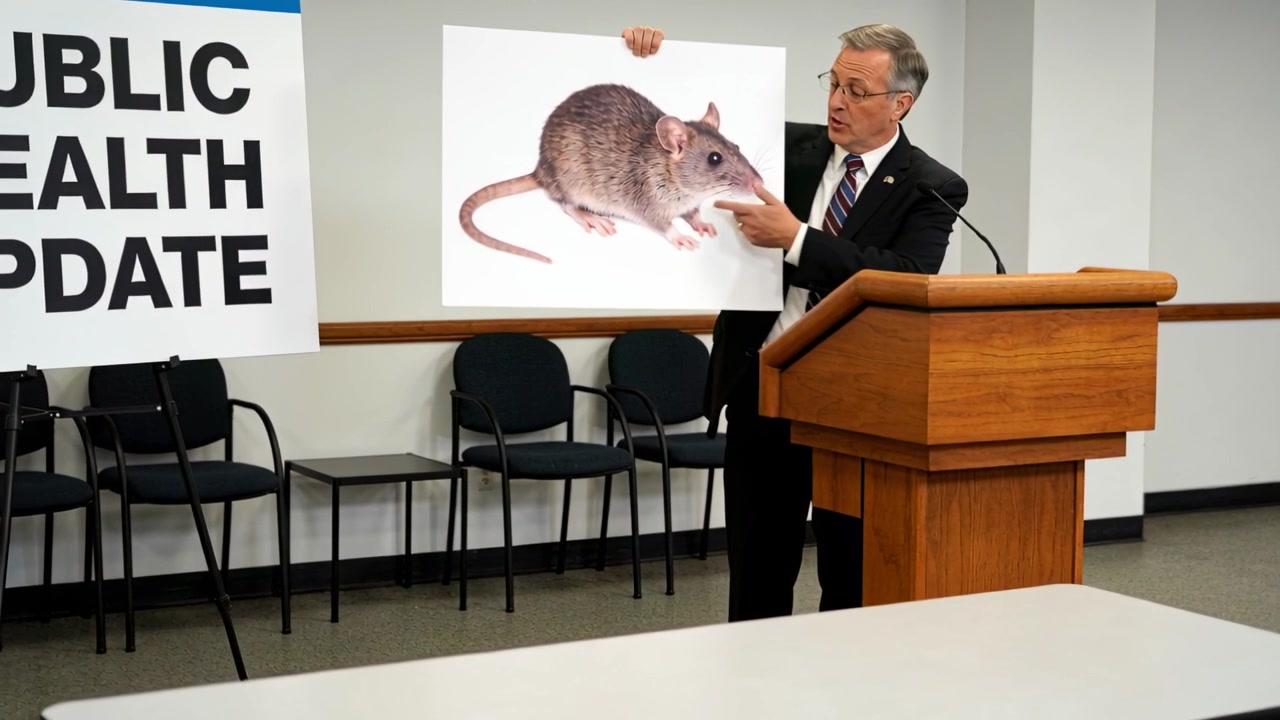 Positioning man holding poster at podium, pointing at rat close-up, delivering health update