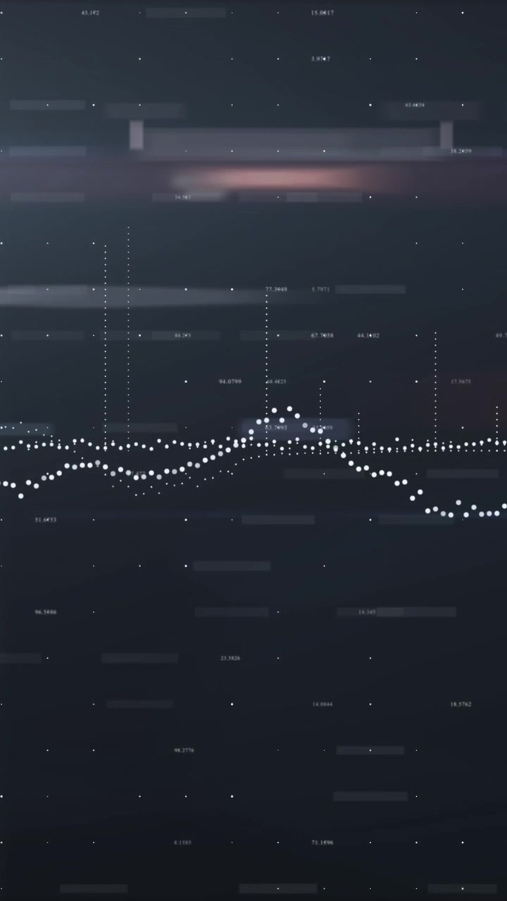 Animation of data processing, light and financial graph on black background