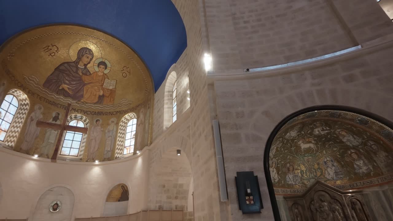 Artistic Mosaics and Religious Detail in Dormition Abbey, Jerusalem old city. Slow motion.