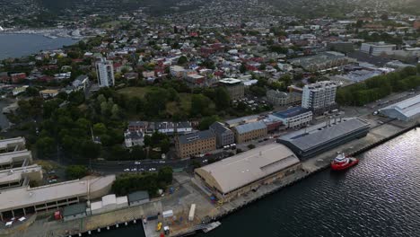 pan back from macquarie point to reveal salamanca markets, hobart waterfront precint, late afternoon