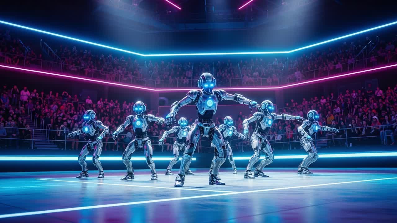 A Thrilling Showcase of Innovative Robot Dance Performance, Featuring a Captivating Group of Highly Advanced, Light-Up Robots Entertaining a Packed Audience in a Futuristic Arena