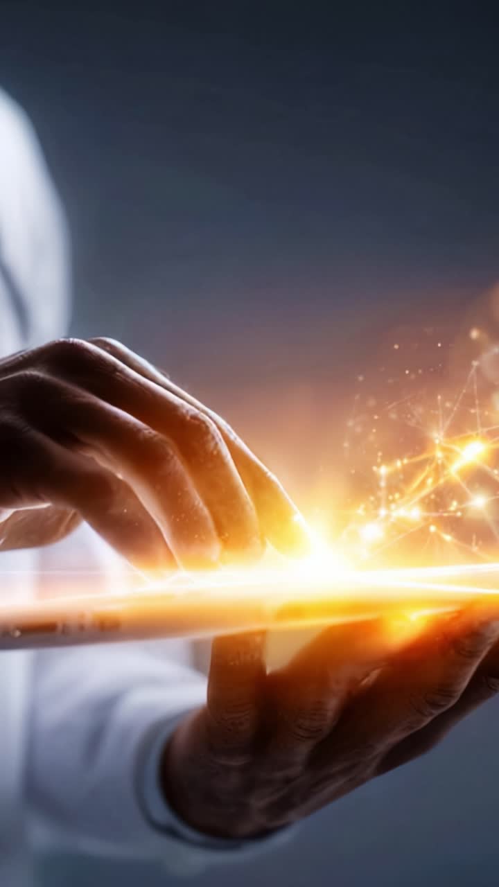 Uma demonstração futurista de interação tátil com um dispositivo iluminado e brilhante, apresentando efeitos visuais dinâmicos e emanando energia e padrões de luz