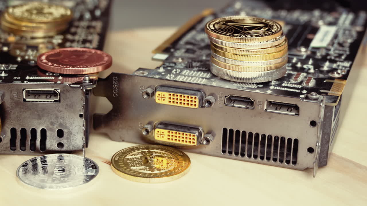 Composition with golden and silver bitcoin crypto money, dollars and computer graphic mining cards