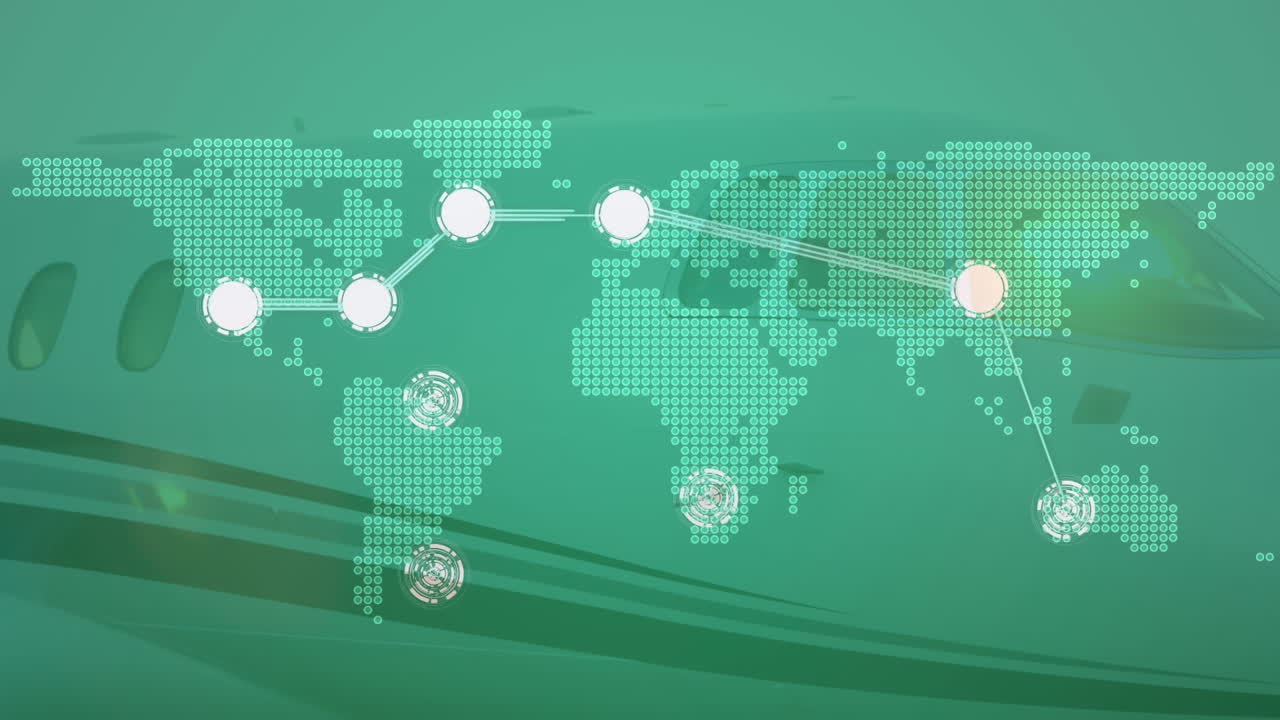 공항 활주로에 있는 개인 제트기에 대한 세계 지도 위의 점을 연결하는 것