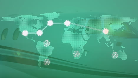 conectando puntos sobre el mapa del mundo contra un avión privado en la pista del aeropuerto