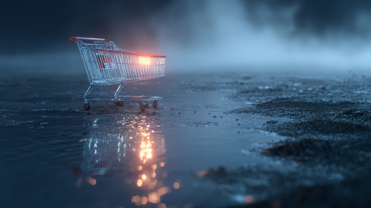A lone shopping cart stands in a misty landscape, illuminated by a distant light, reflecting on the waterlogged ground in an atmosphere of tranquility and solitude