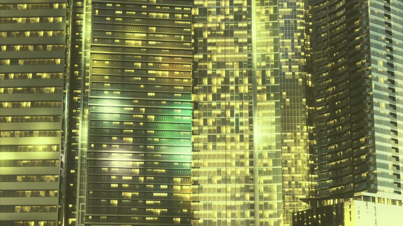 Bright lights and reflections in a vibrant city skyline at night