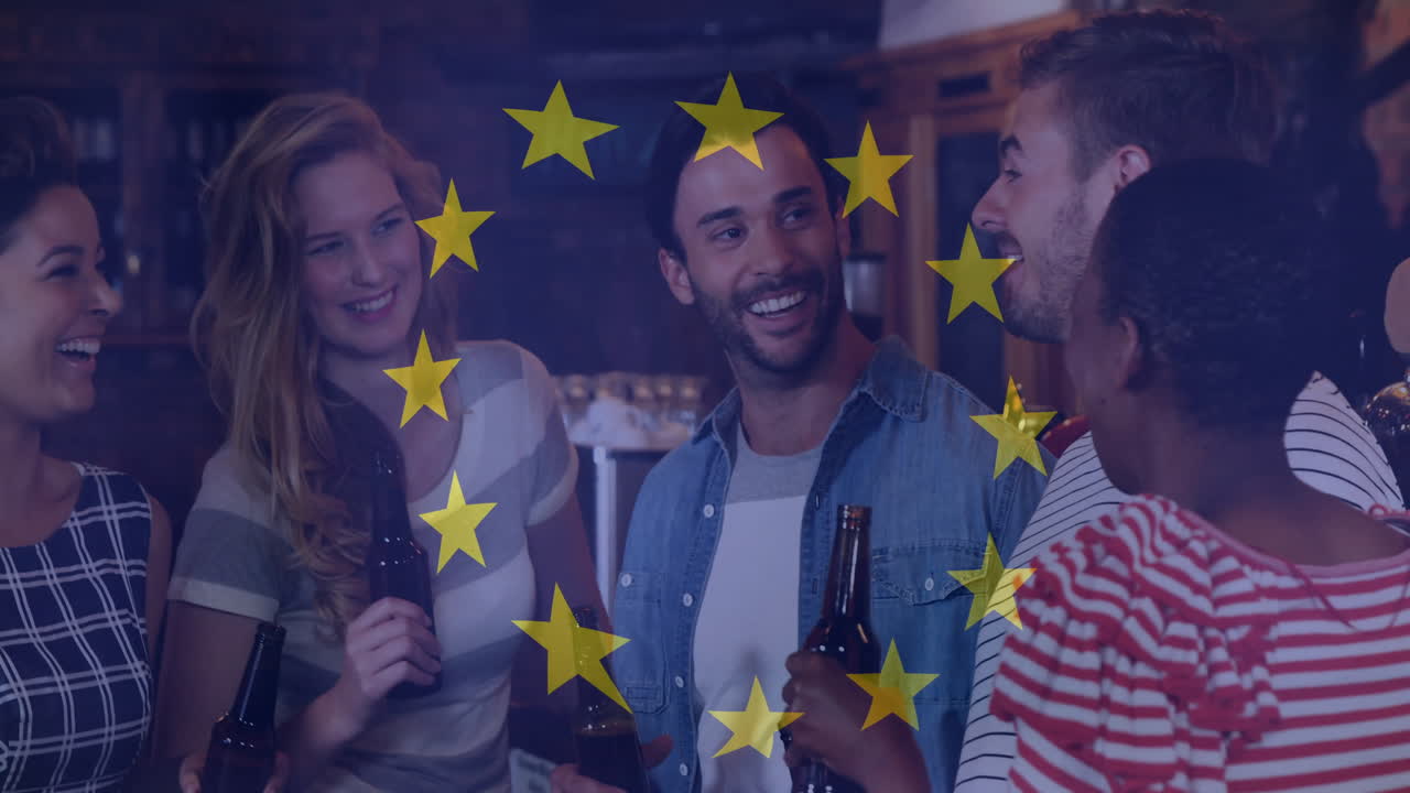 Marketing team networking in pub, featuring animated EU stars overlay and beer bottle icons
