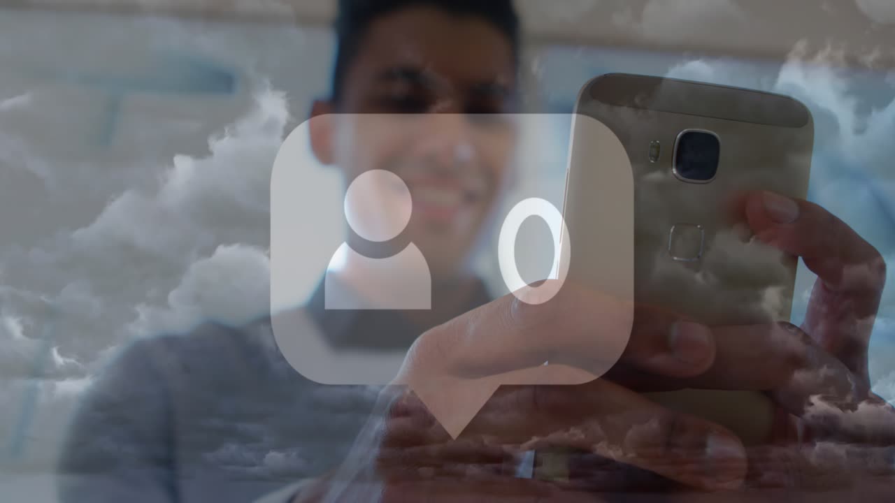 Animation of profile icon with increasing numbers over man using smartphone against clouds