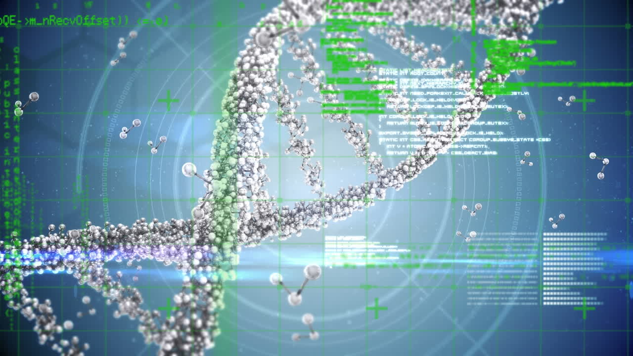 3차원 dna 가닥 스핀링에 대한 데이터 처리 애니메이션