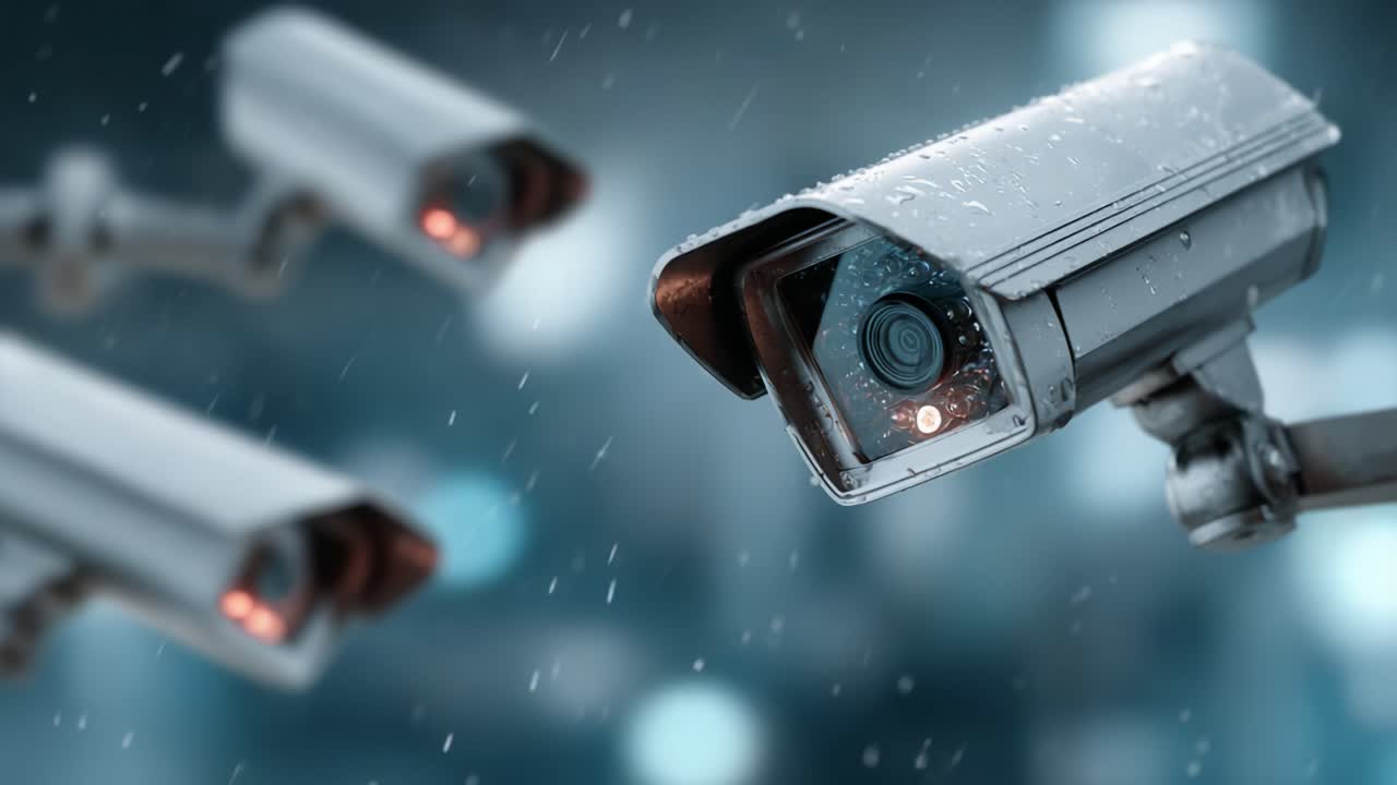 Surveillance Systems in Action: A Close Look at Rain-Drenched Security Cameras Capturing Their Environment with Precision and Vigilance