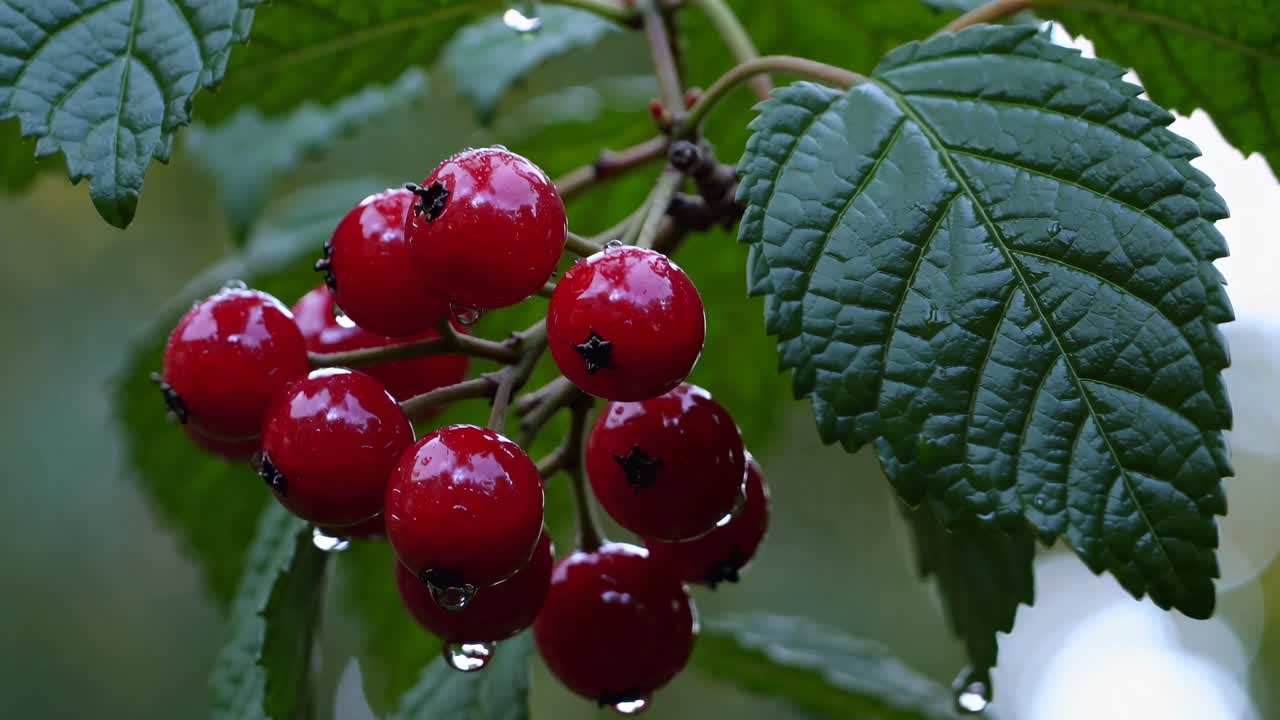 Close-up video shot of vibrant red berries with water droplets, framed by lush green leaves