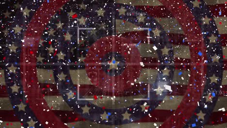 animation of confetti falling over american flag stars and coloured on circles