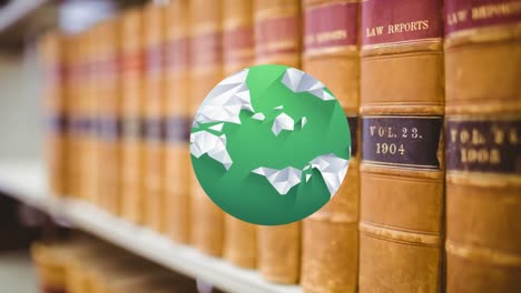 animation of globe over shelves with books in library