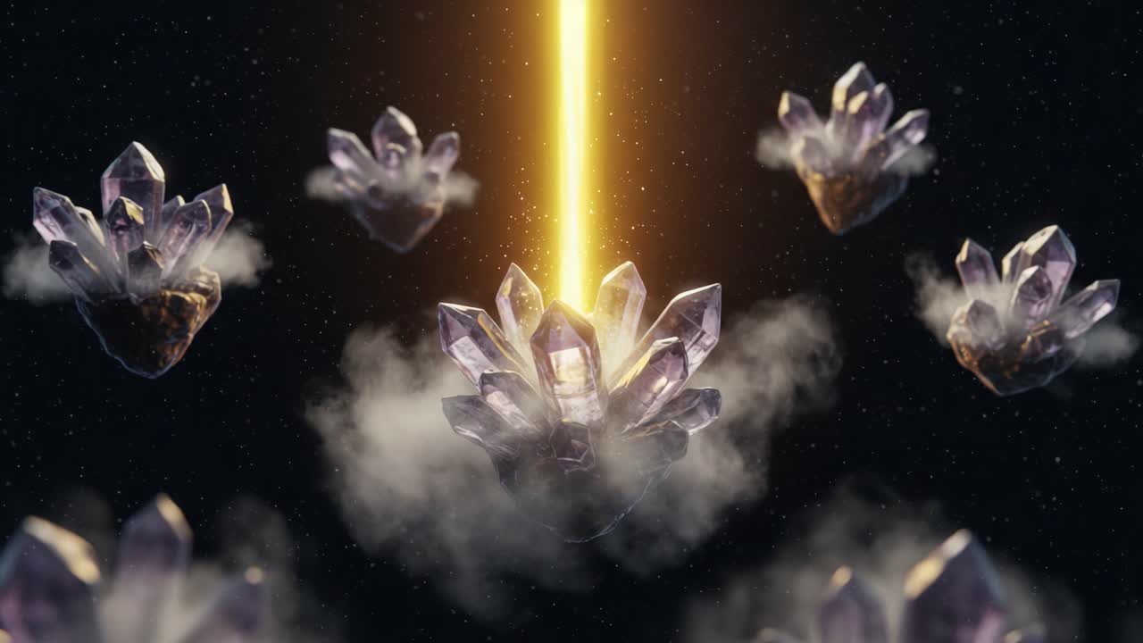 A mesmerizing spectacle of ethereal crystals floating in cosmic darkness, illuminated by a vibrant beam of light, creating a breathtaking visual contrast of nature and mystique