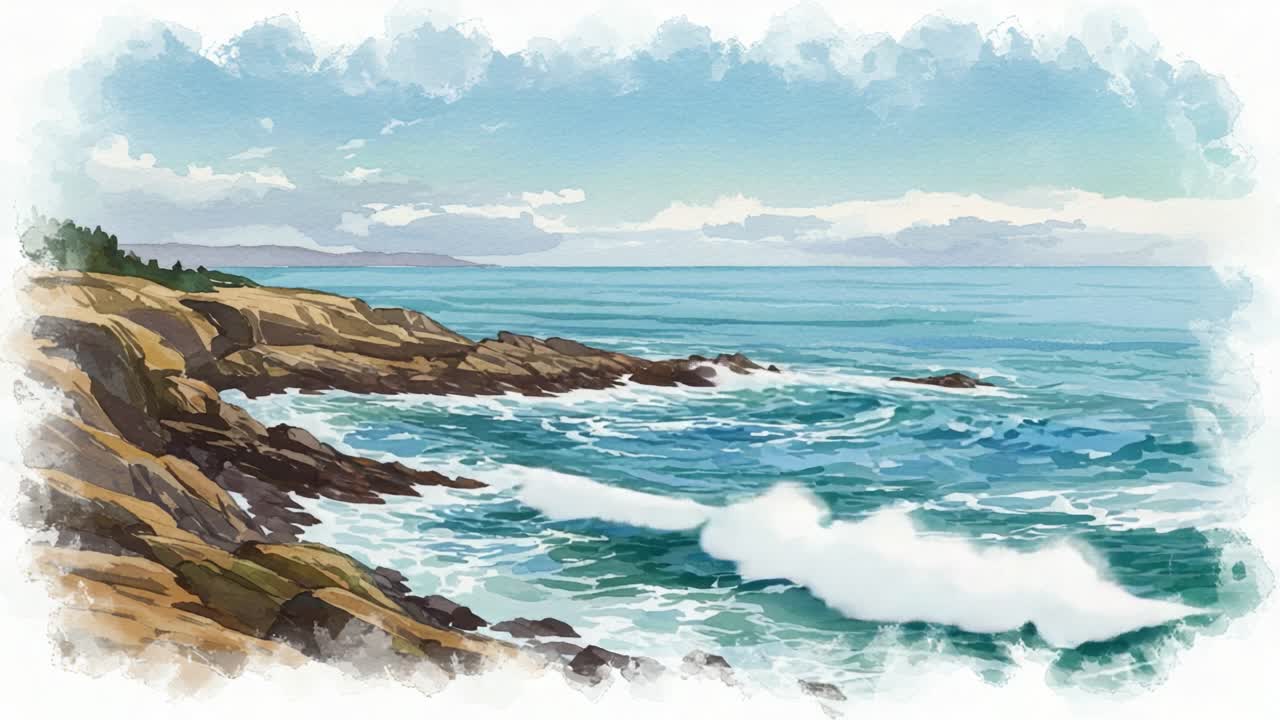 Serene Coastal Landscape: A Stunning Animation Capturing the Beauty of Rocky Shores and Gentle Ocean Waves under a Clear Sky