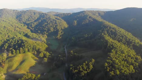 video de drones de 4k volando por encima de los árboles a lo largo de la carretera de montaña en montañas humeantes cerca de asheville, nc en una mañana nublada