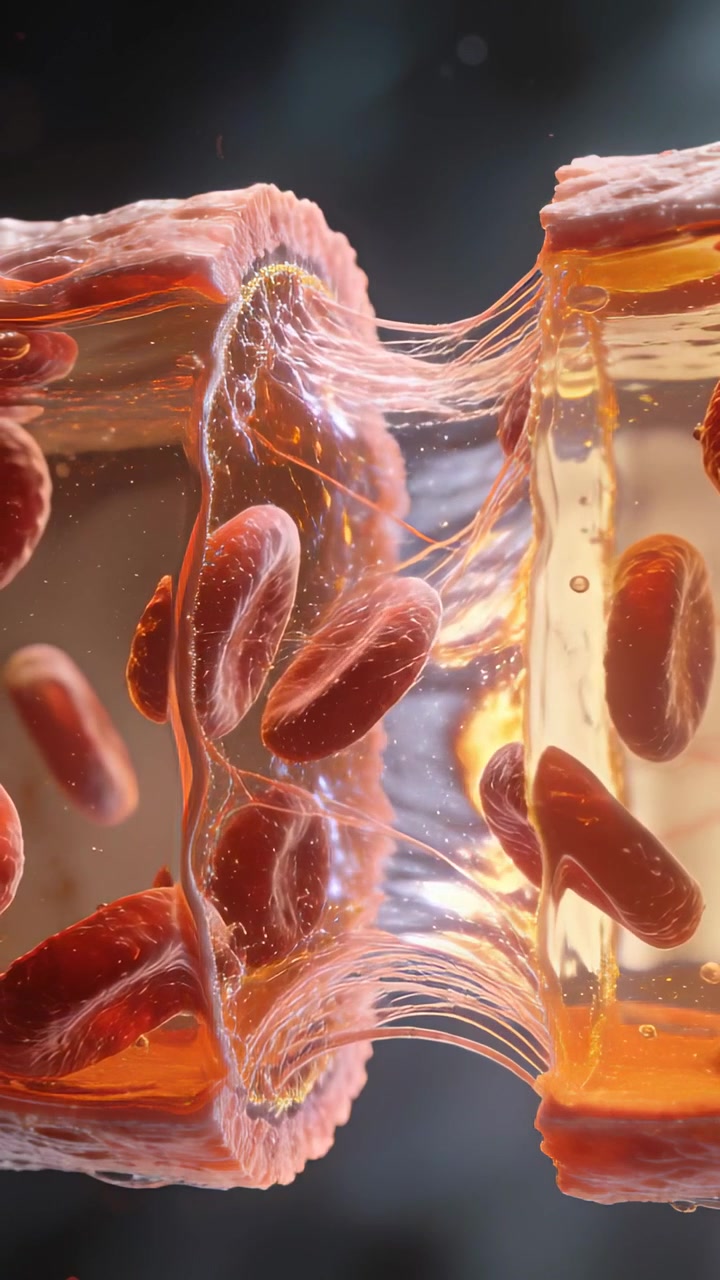 Video verticale: Tirando blocchi di gel accoppiati che allungano filamenti in un fluido ambrato, con dischi rossi che si raggruppano.