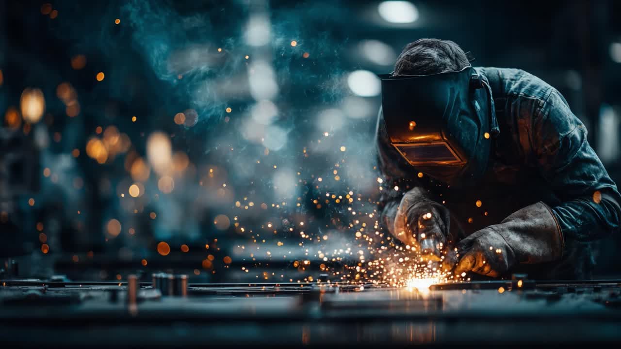 A skilled welder meticulously works in a dimly lit workshop, surrounded by sparks and smoke, showcasing the artistry and precision involved in metal fabrication