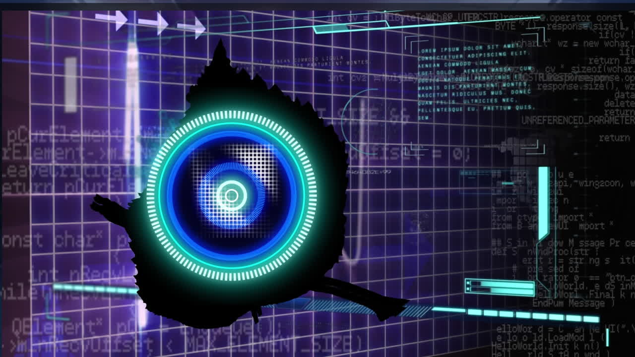 animación del escaneo del alcance y el procesamiento de datos sobre el mapa y la cuadrícula del mundo