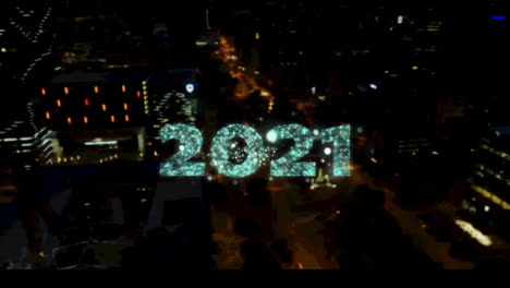 animación del texto de la víspera de año nuevo sobre el paisaje urbano